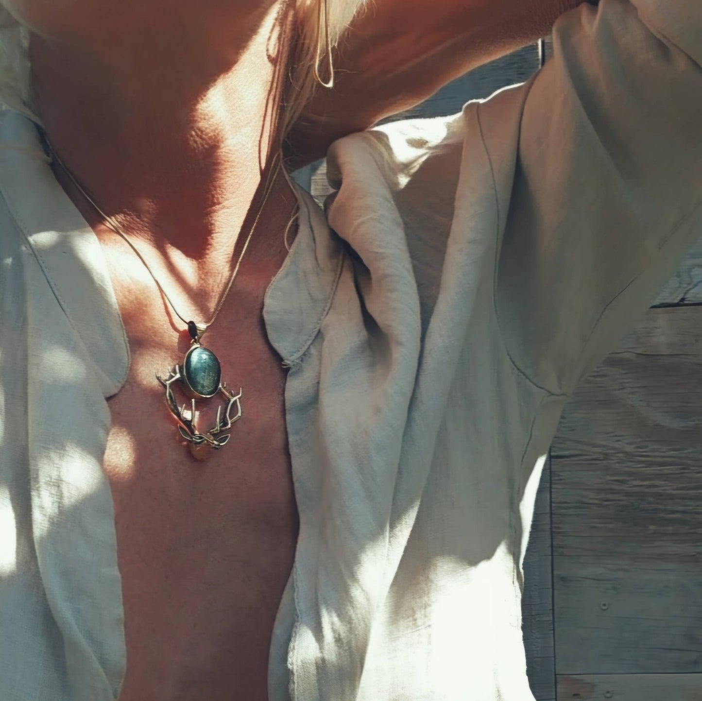 Brass labradorite deer pendant charm necklace designer