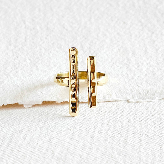 Brass double bar hammered ring adjustable handmade