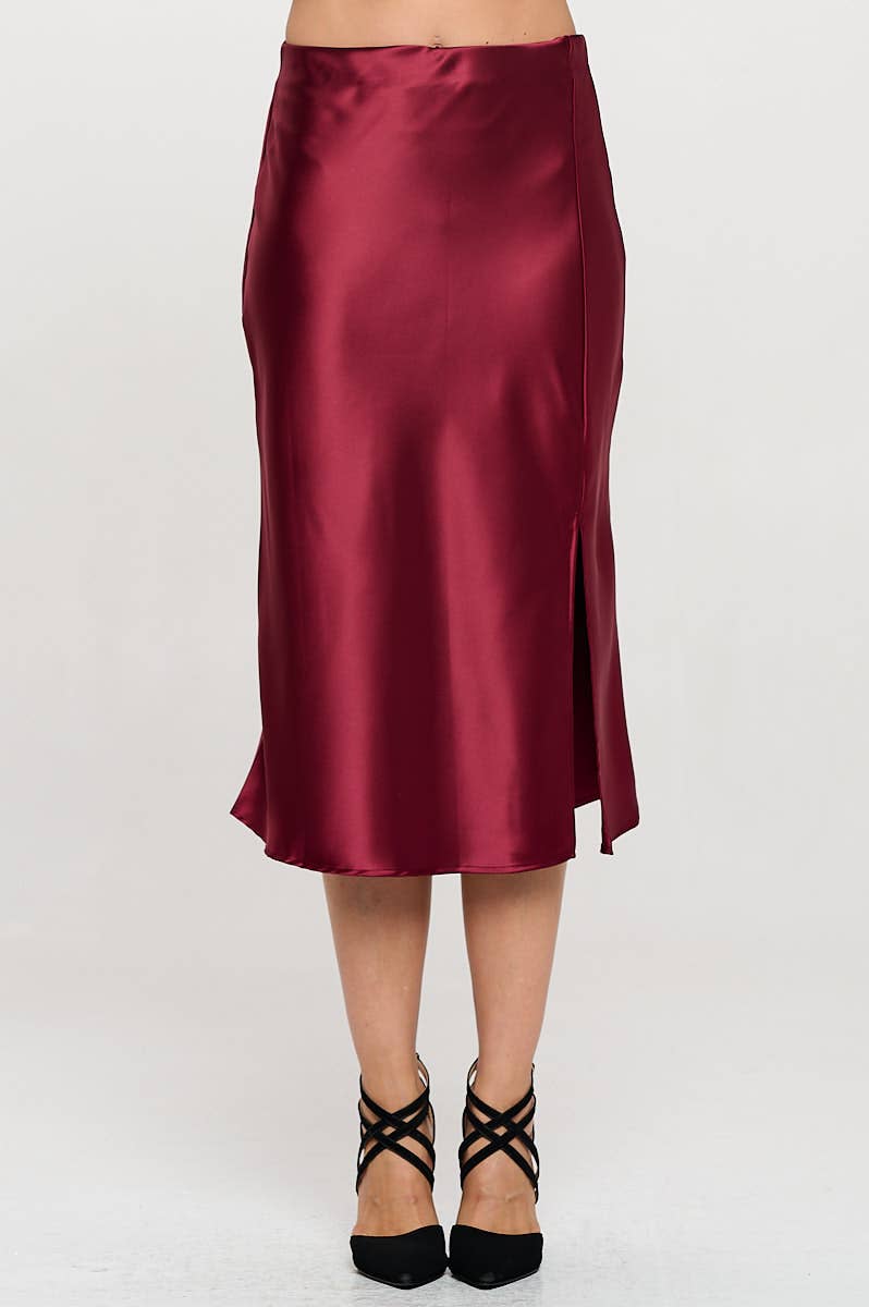 Burgundy Satin Midi Skirt with Slit (Made in USA)