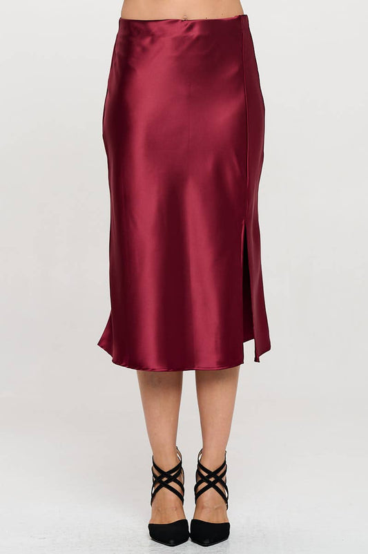Burgundy Satin Midi Skirt with Slit (Made in USA)