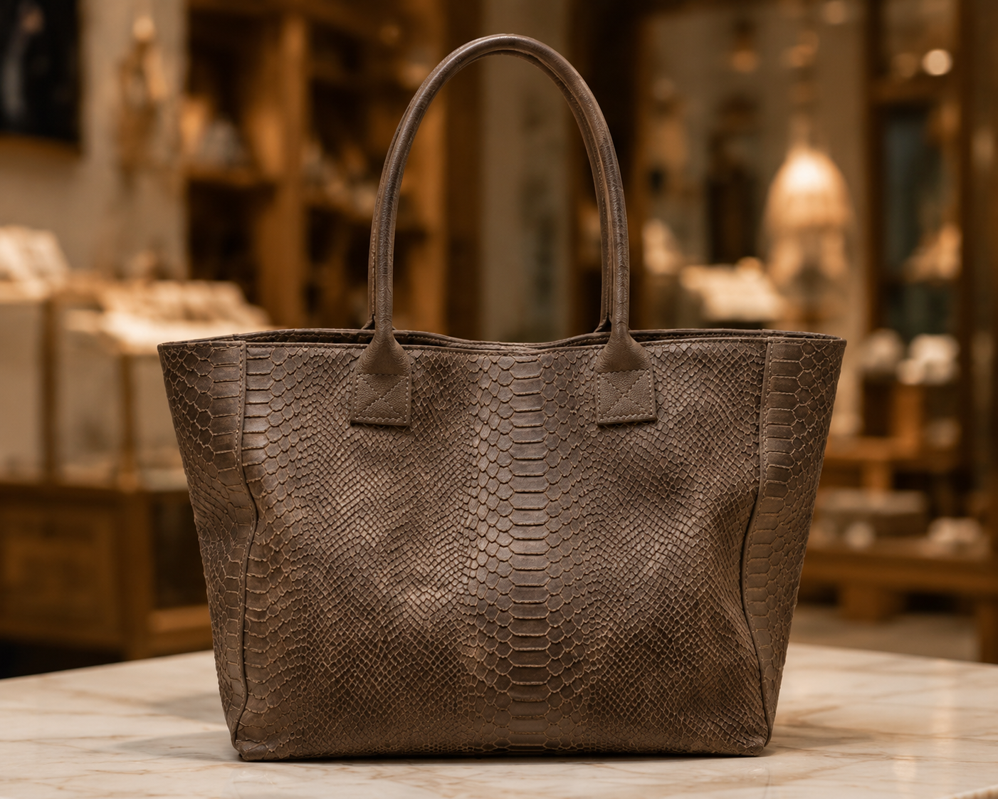 LOLA – Italian Python-Embossed Leather Bag – Dark Taupe