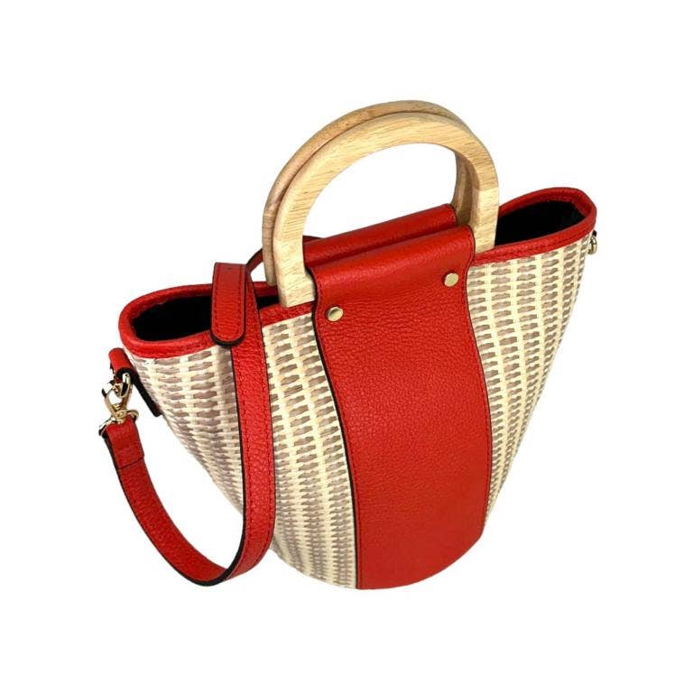 Italian Raffia and Leather Bucket Bag with 2 Wooden Handles