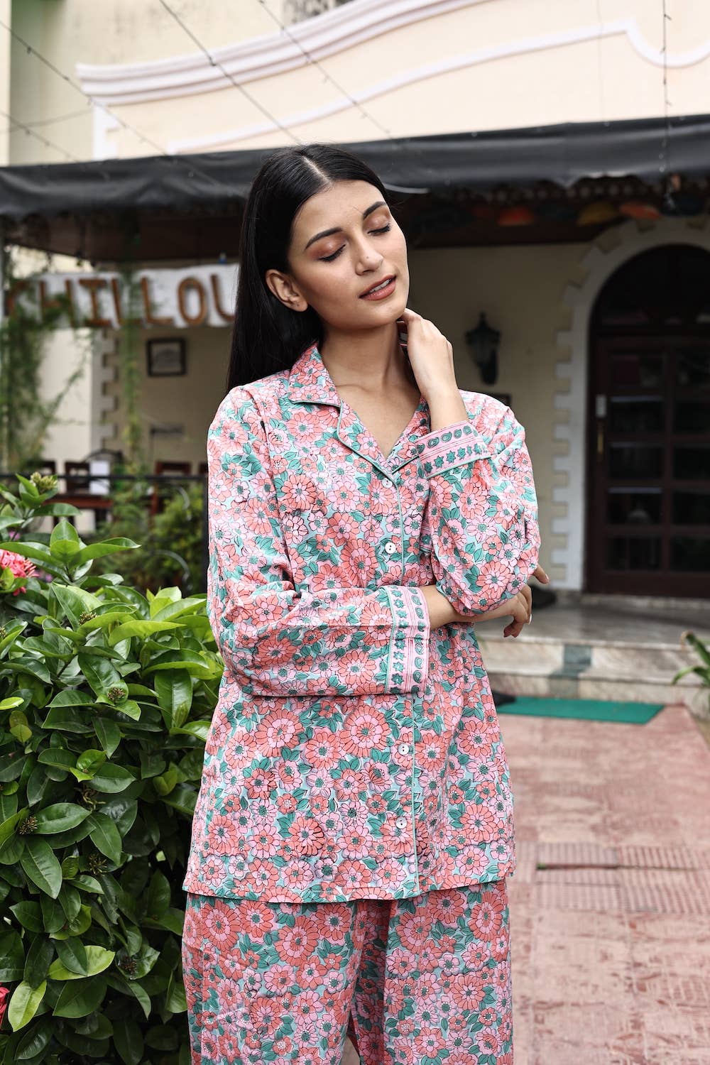 Zinnia Block Printed Cotton Pajamas- 3 Piece Set