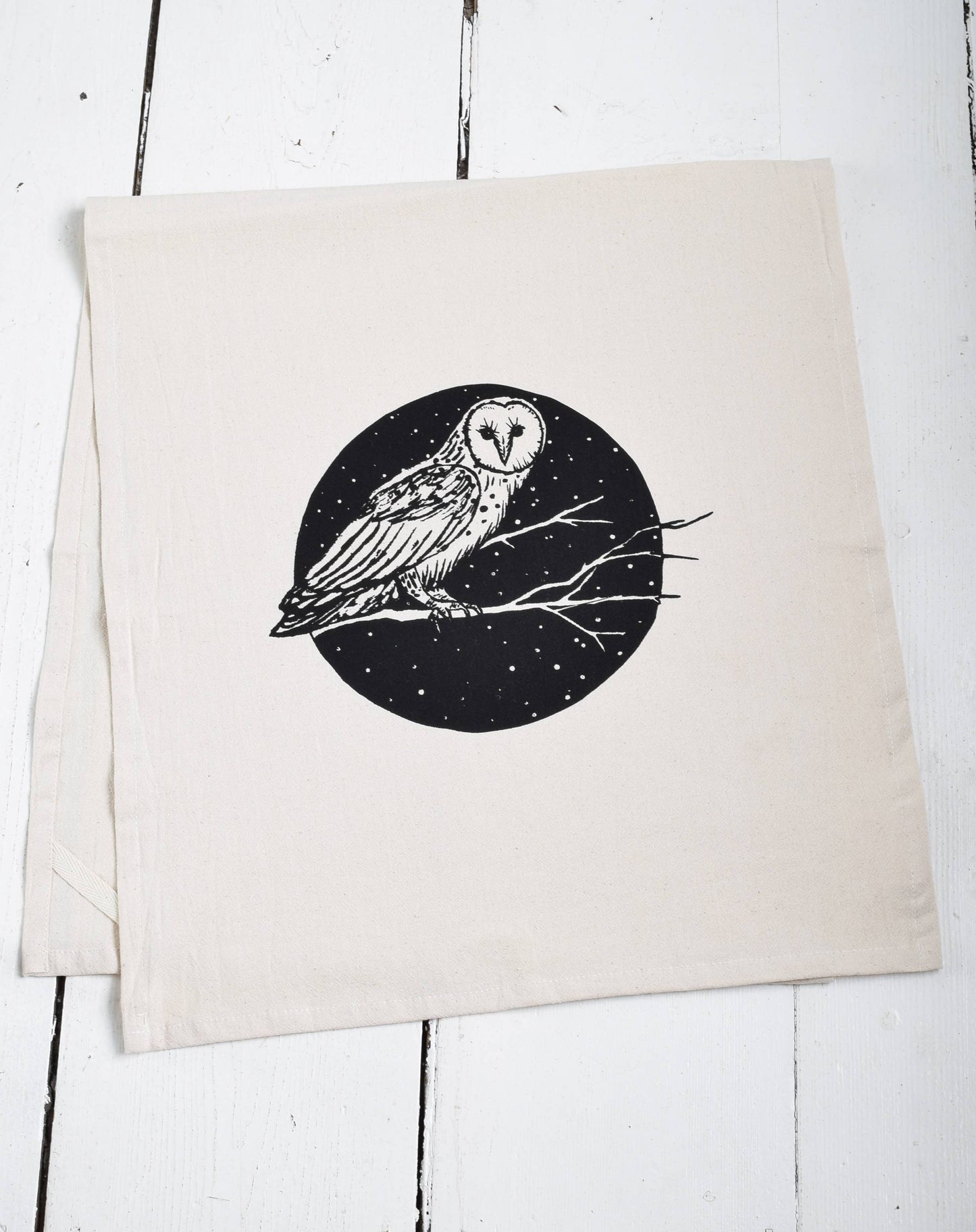 Organic Cotton Barn Owl Tea Towel - Black Print - Bird Kitch