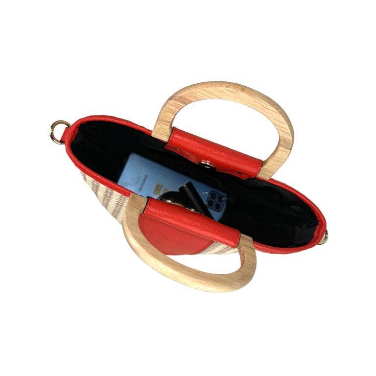 Italian Raffia and Leather Bucket Bag with 2 Wooden Handles