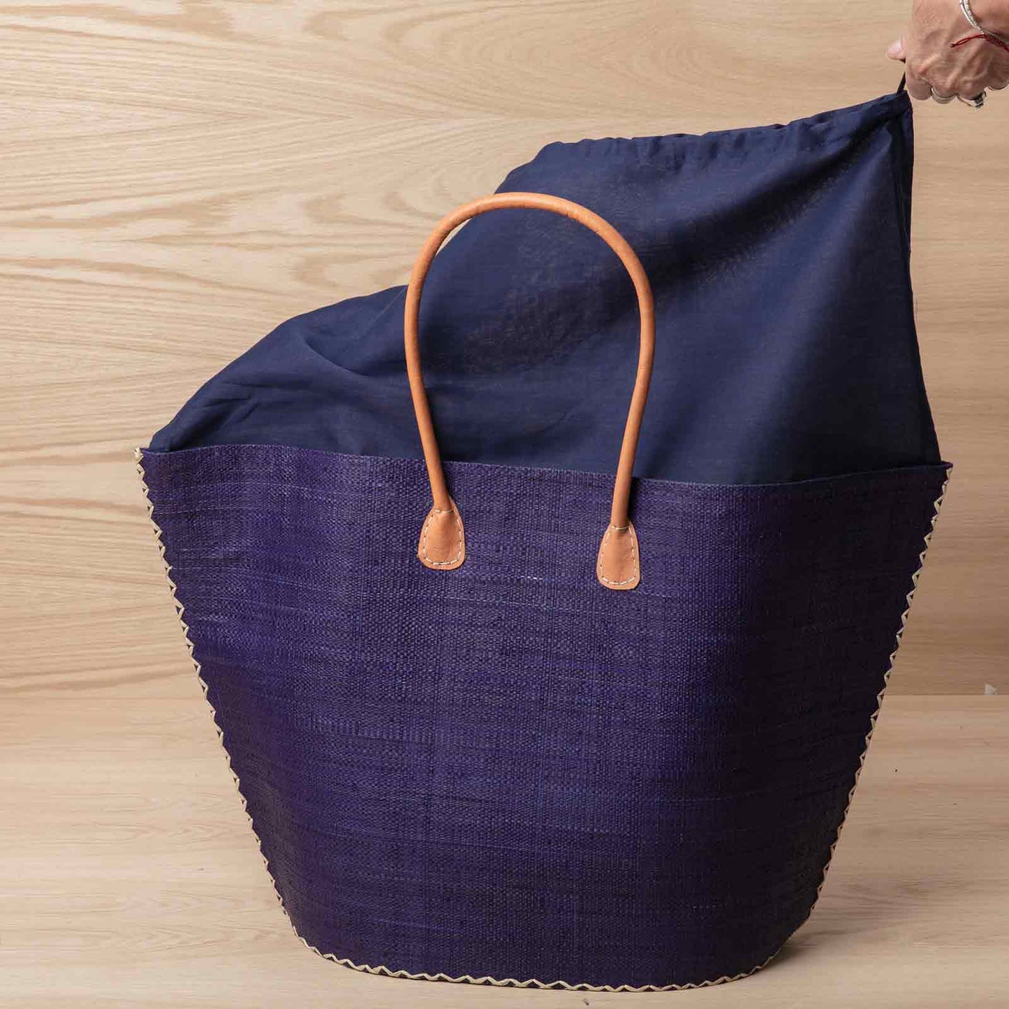 RAFFIA NAVY with Leather Handle Tote Bag