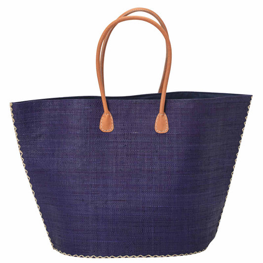 RAFFIA NAVY with Leather Handle Tote Bag