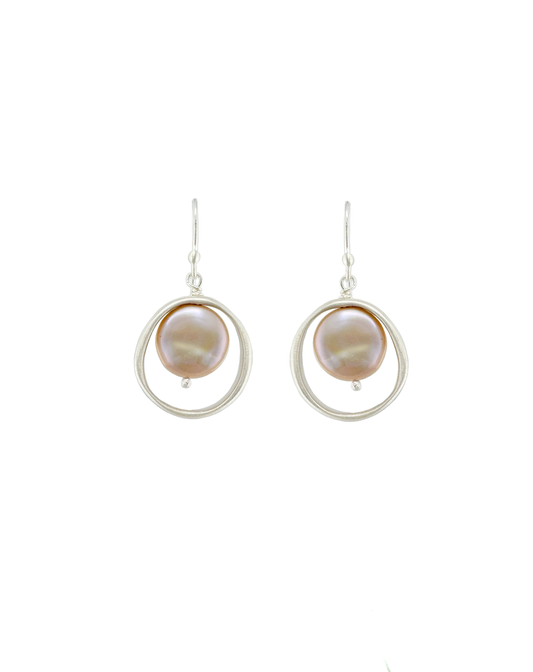 OPEN Circle with Pink Pearl Earrings in Silver or Vermeil