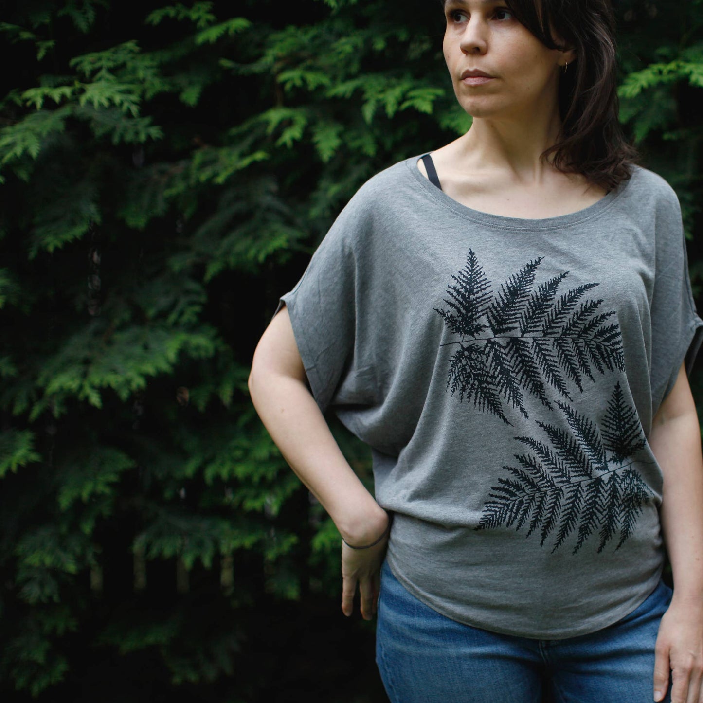 Forest Fern Leaves Womens Dolman Sleeve Bamboo Top Gray