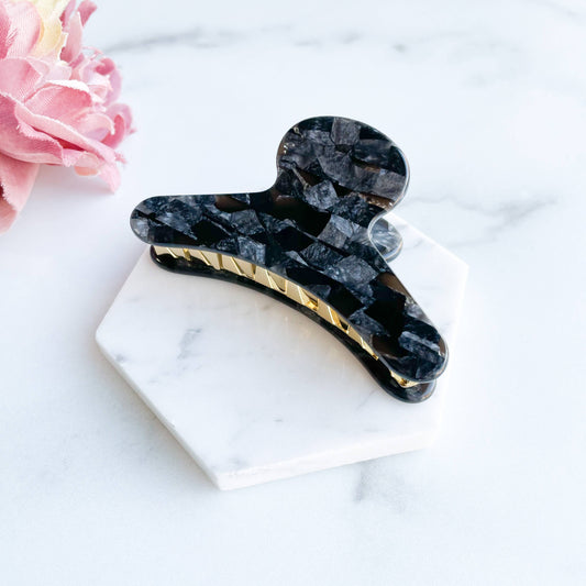 French Claw in Pebble | Black Grey Shimmer Acetate Claw