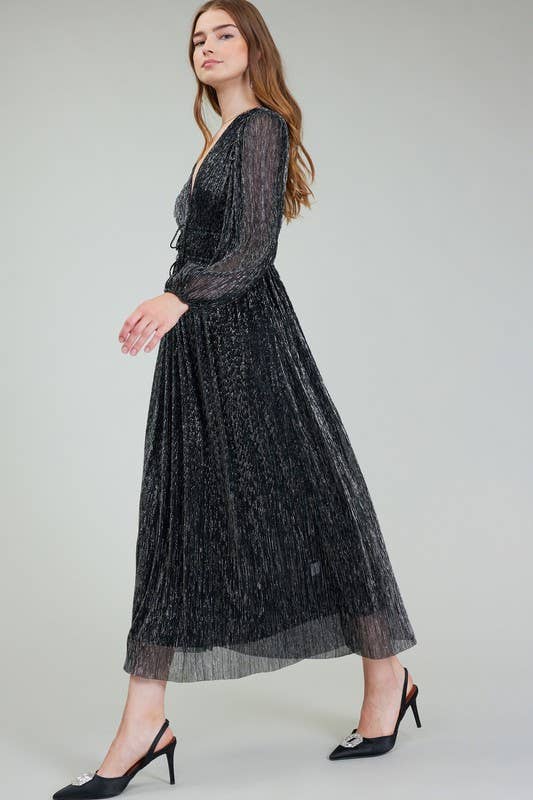 Metallic Pleated Maxi Dress | Black Silver