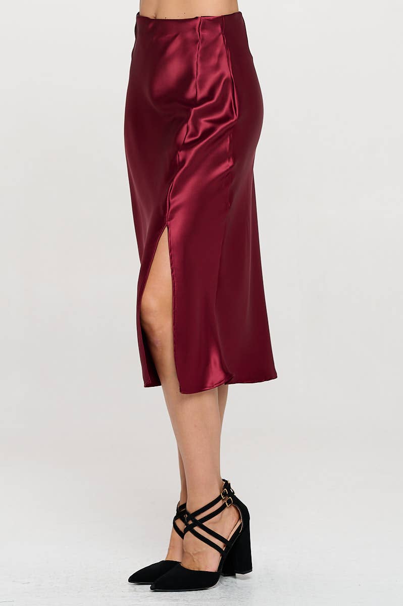 Burgundy Satin Midi Skirt with Slit (Made in USA)