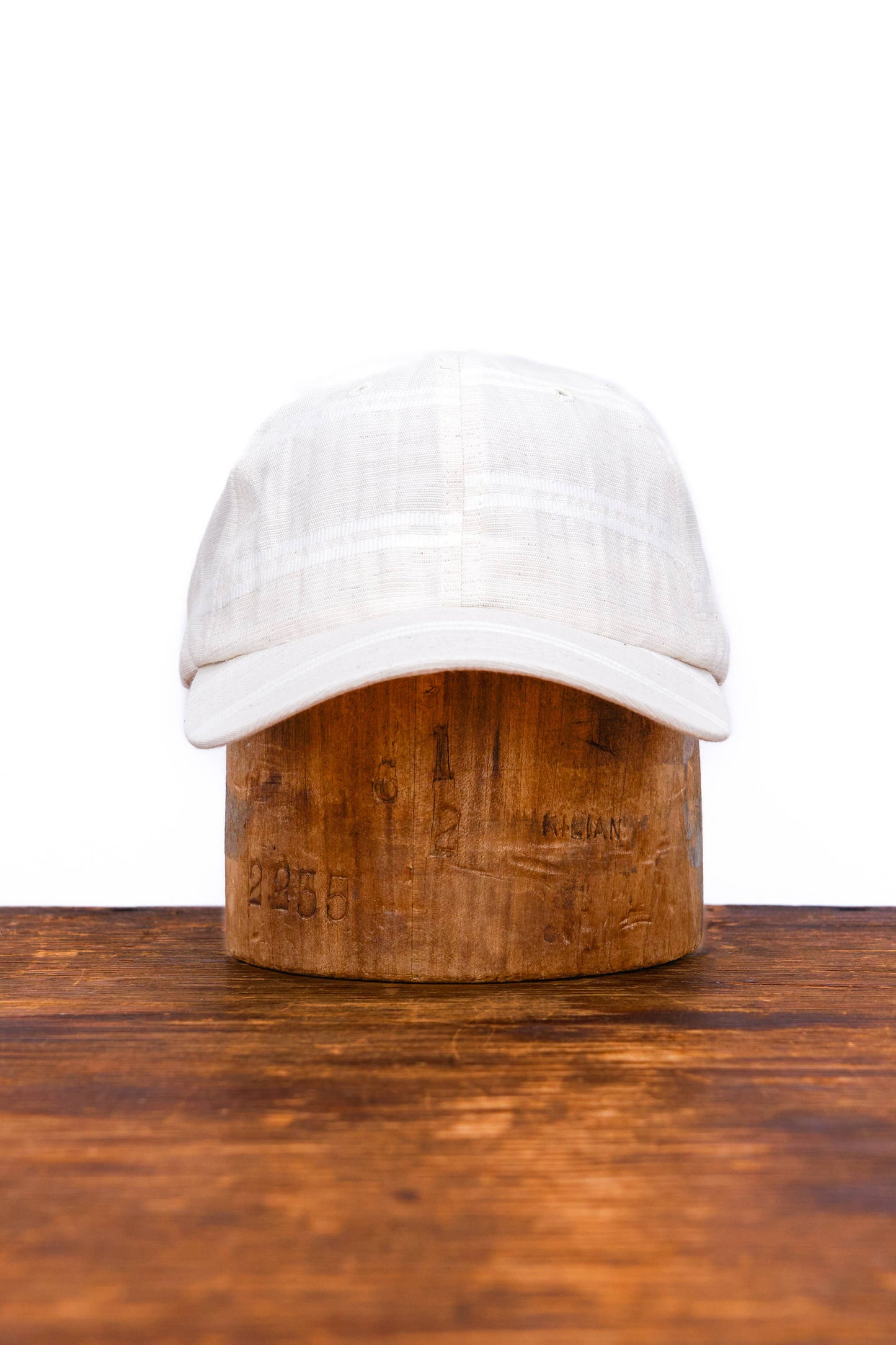 6 Panel NY Made "BALLPARK" Japanese Linen Stripe Cap - WHITE