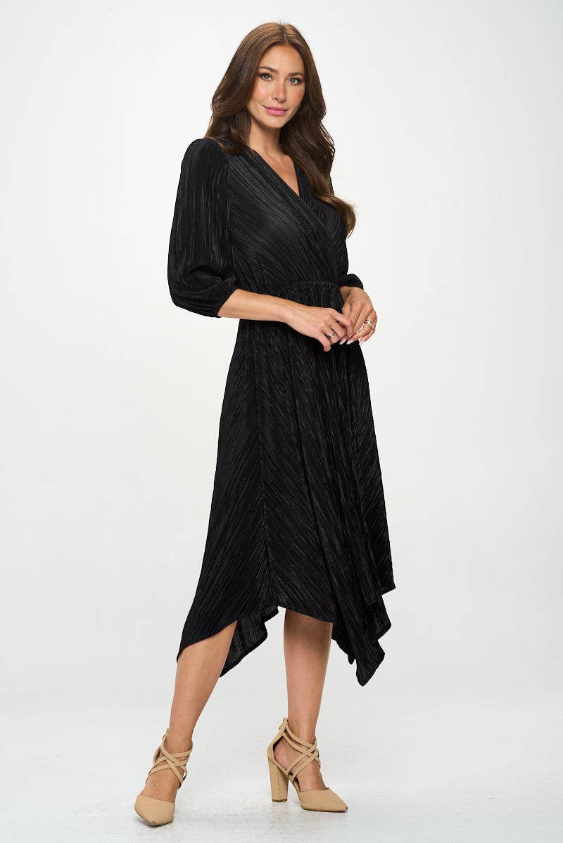 Plisse V neck Dress with Asymmetrical Hem (Made in USA)
