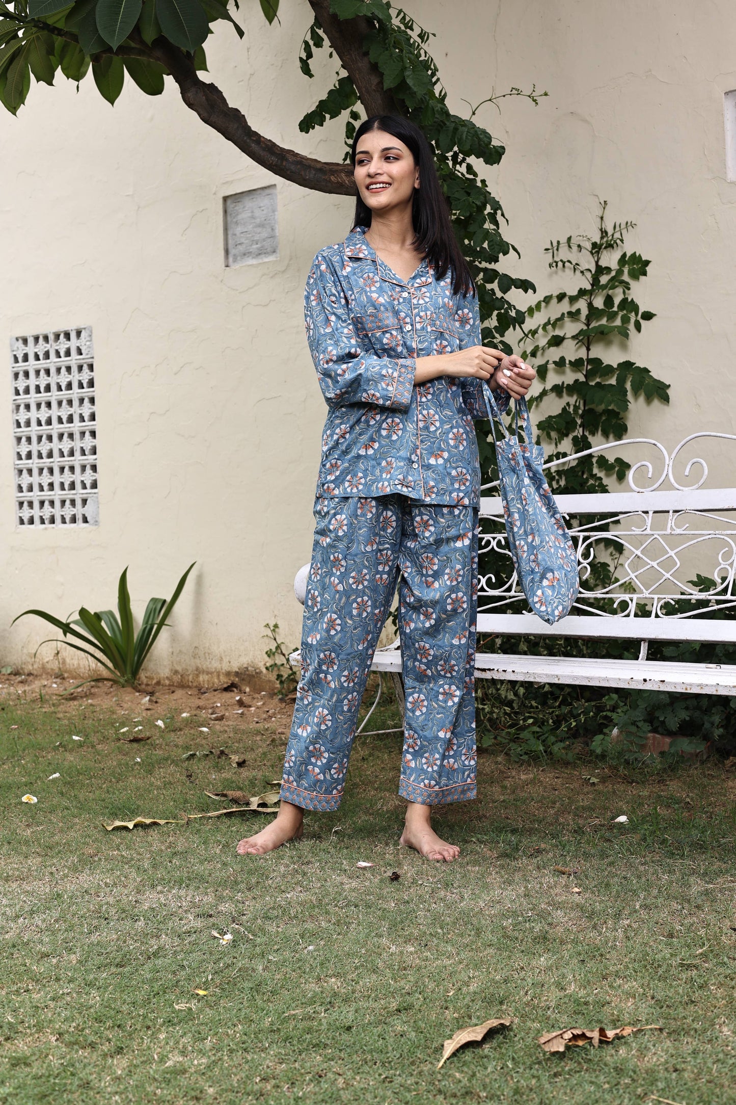 Women's Block Printed Pajamas- 3 Piece Set