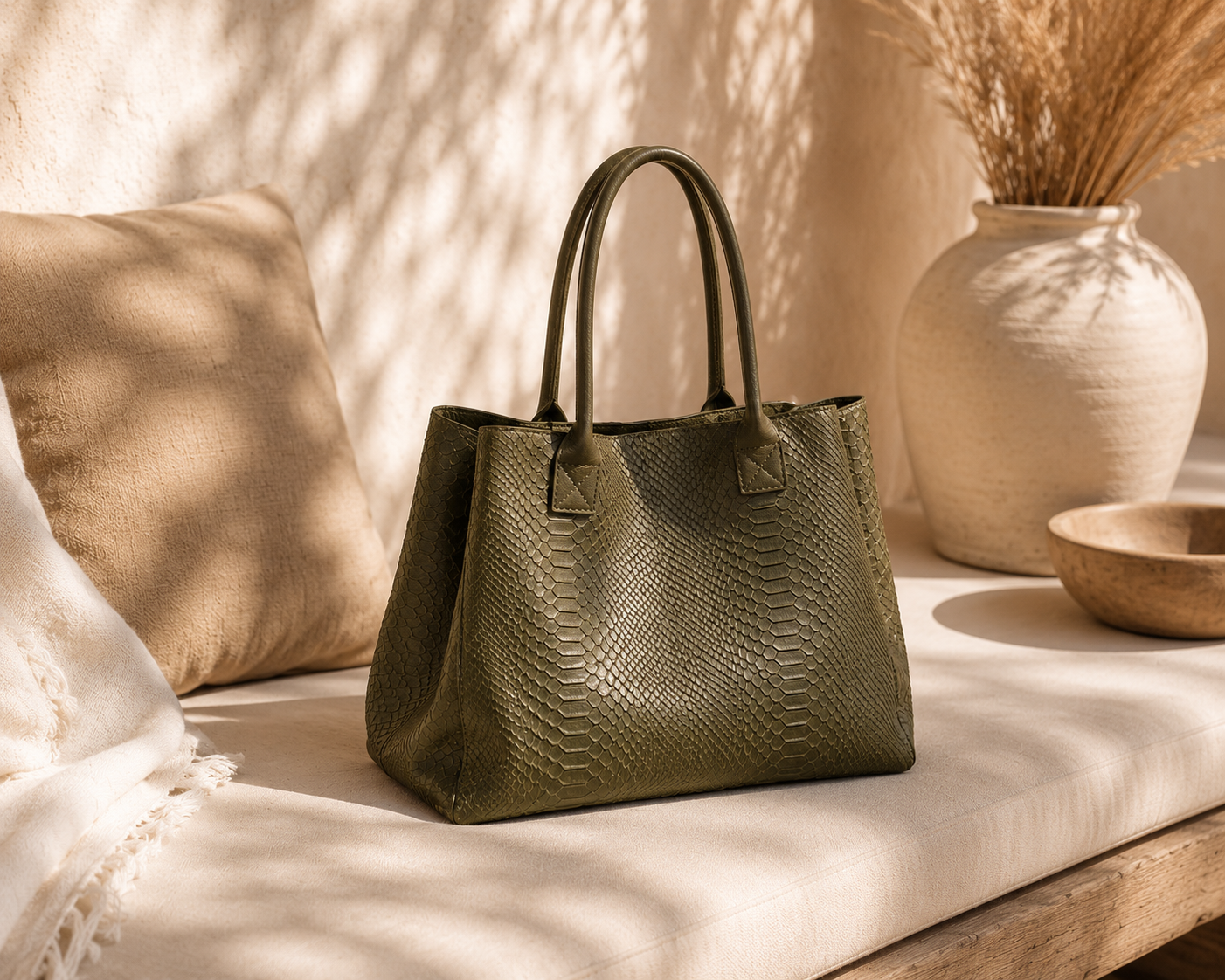 LOLA – Italian Python-Embossed Leather Bag – Khaki