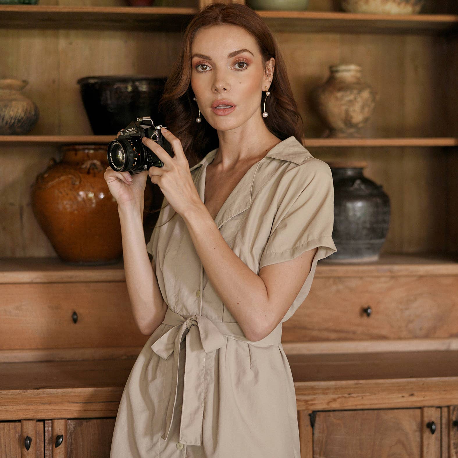 ARYA Safari Linen Midi Dress, in Beige Small