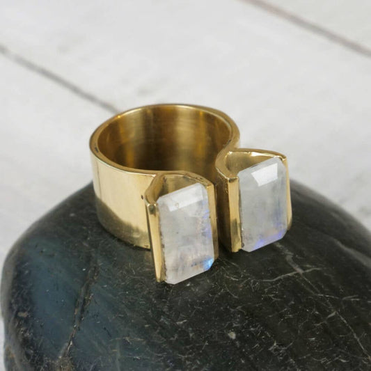 Claire Double Rectangle Cut Brass Ring with Moonstone