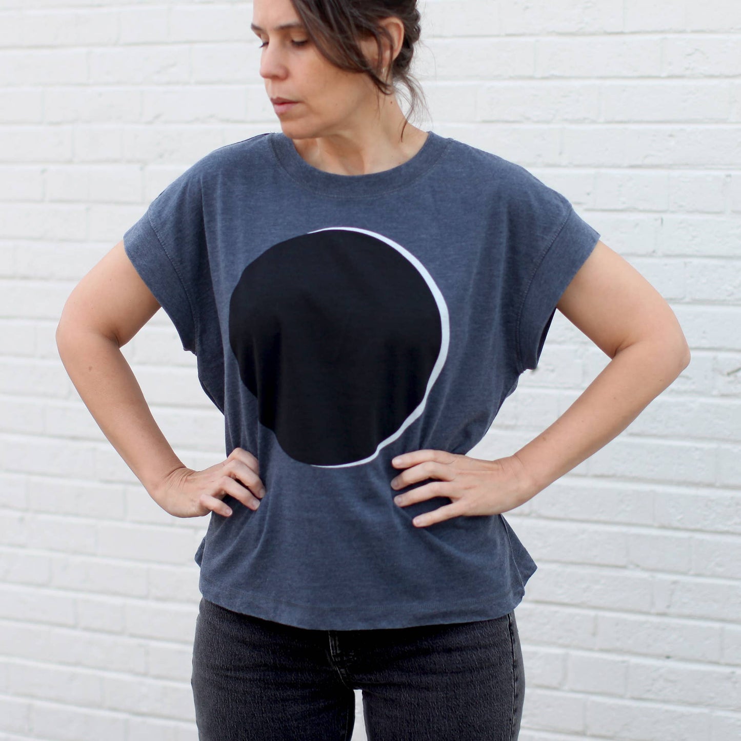 Solar Eclipse Full Moon Loose Fit Boxy Cap Sleeve Tee Navy