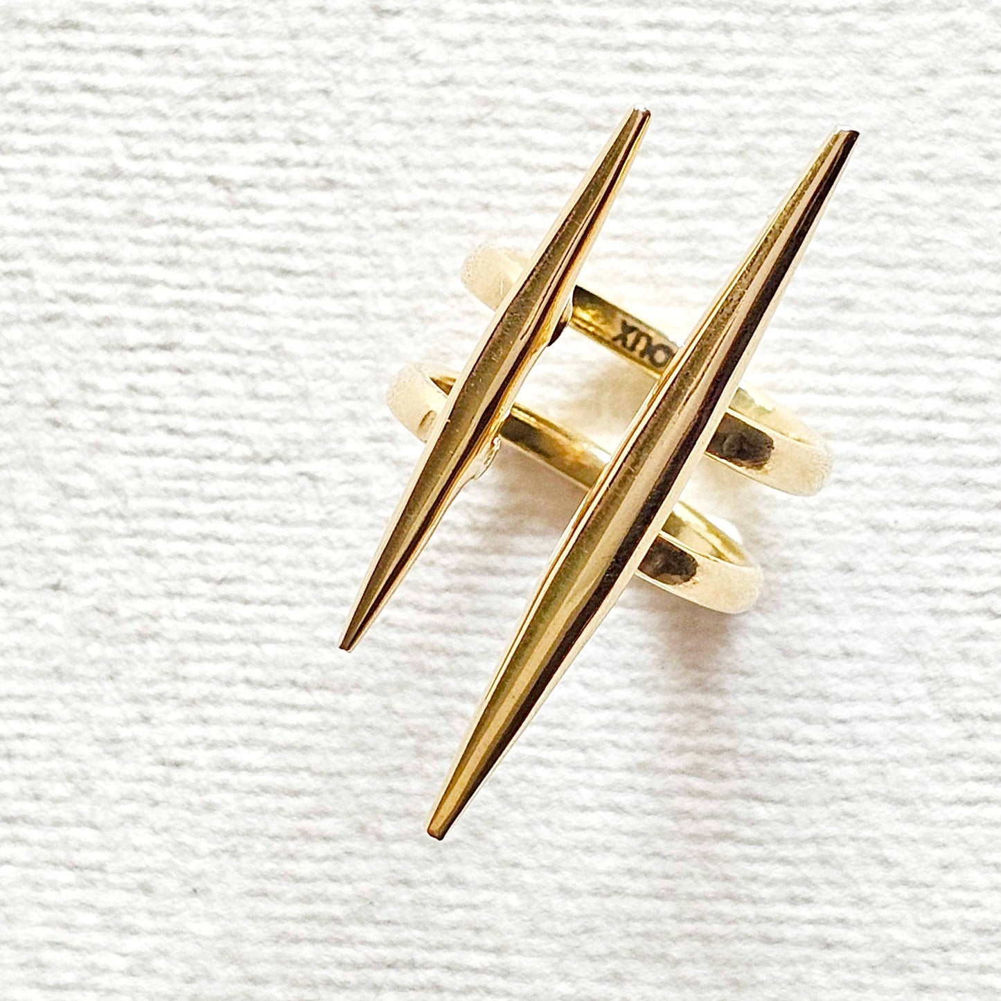 Solid brass double spike needle adjustable ring handcrafted
