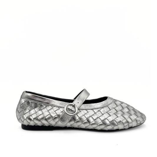 Rena Woven Leather Mary Jane Flat | Silver