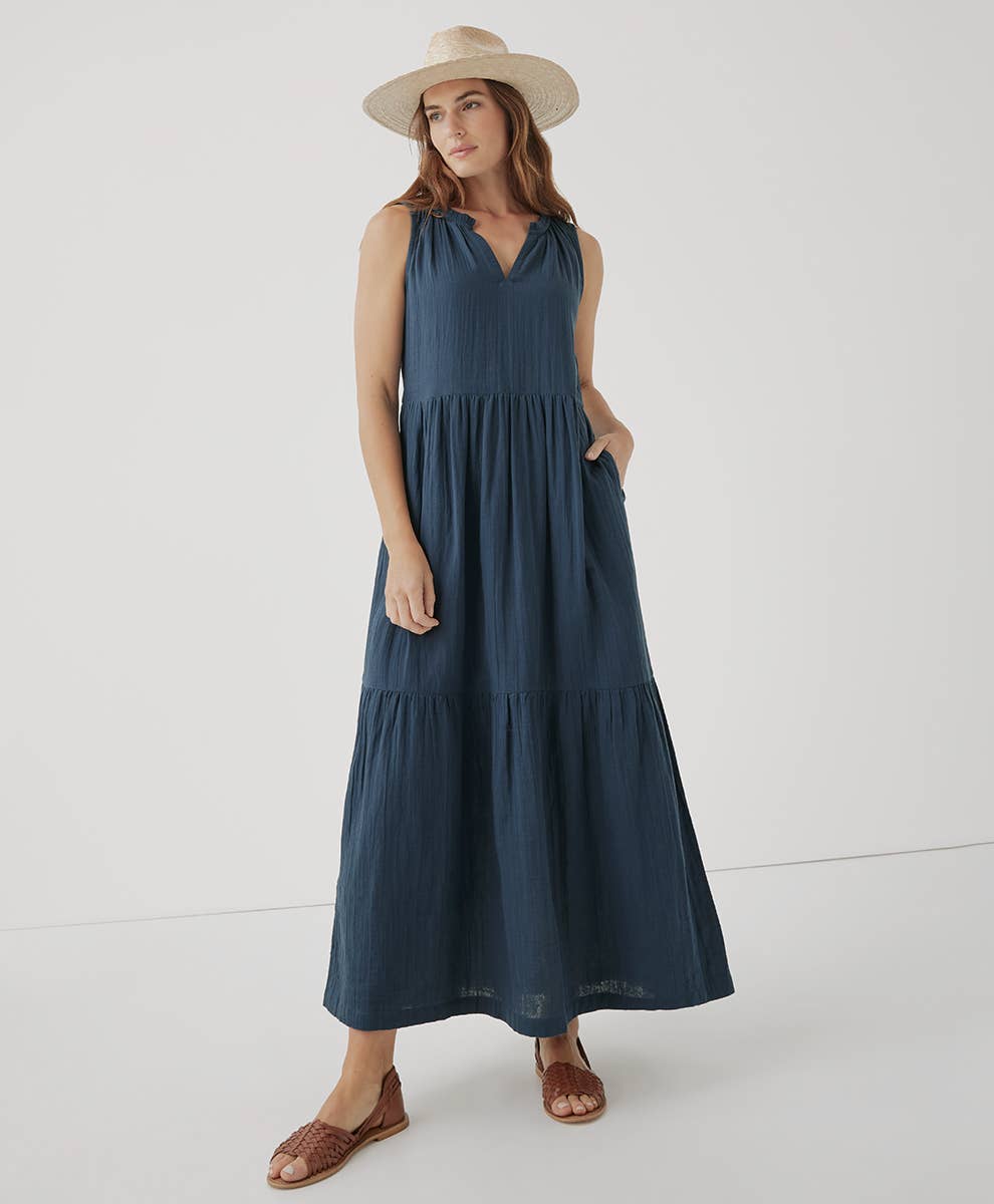 Coastal Double Gauze Ruffle Maxi Dress | French Navy