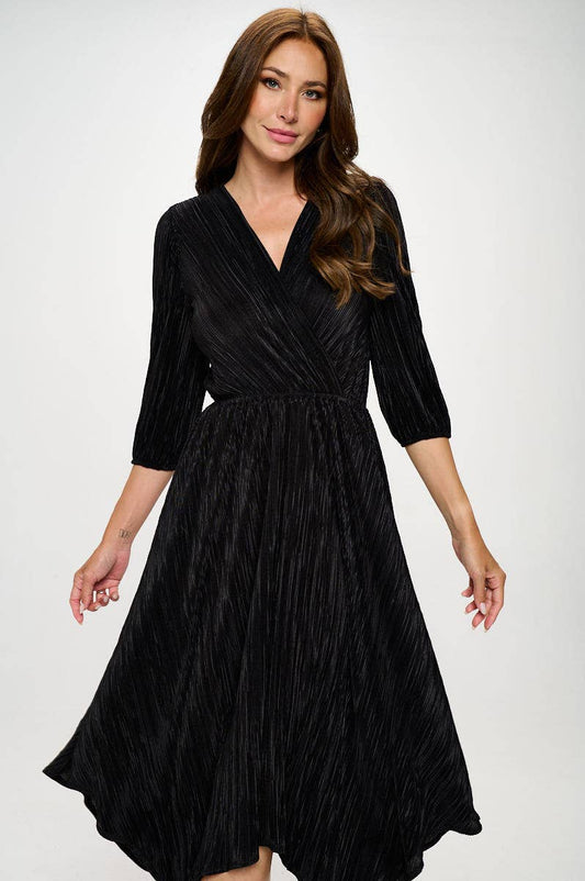 Plisse V neck Dress with Asymmetrical Hem (Made in USA)