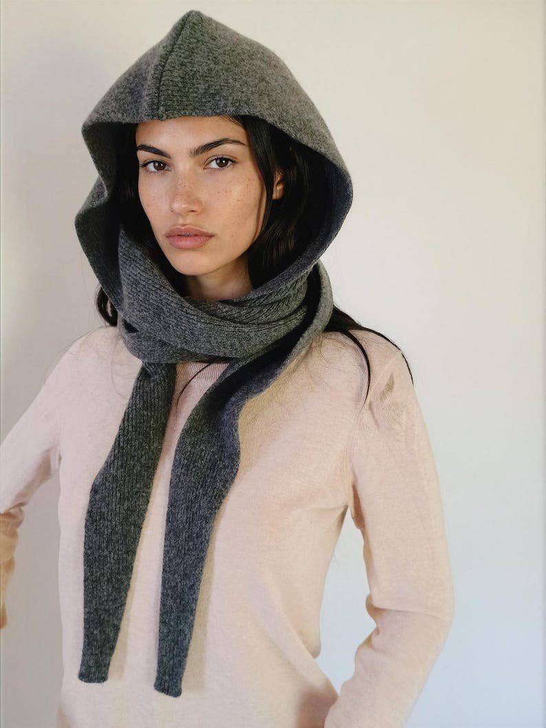 Knitted Hooded Scarf for Women, Cashmere Merino Blend, Cozy Winter Hood Wrap