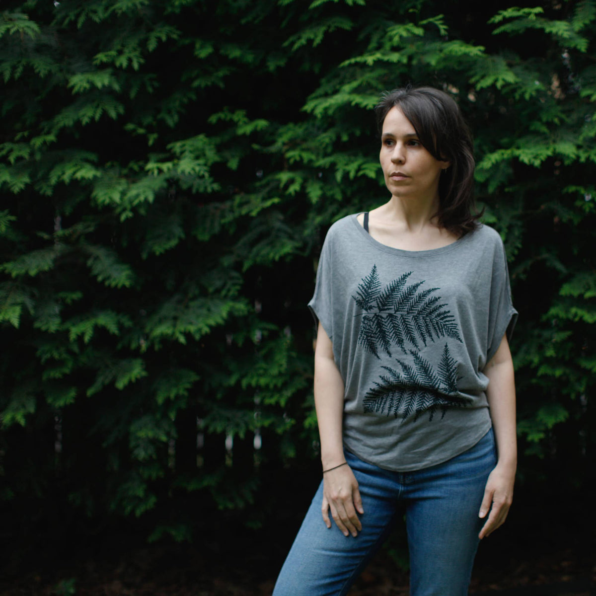 Forest Fern Leaves Womens Dolman Sleeve Bamboo Top Gray