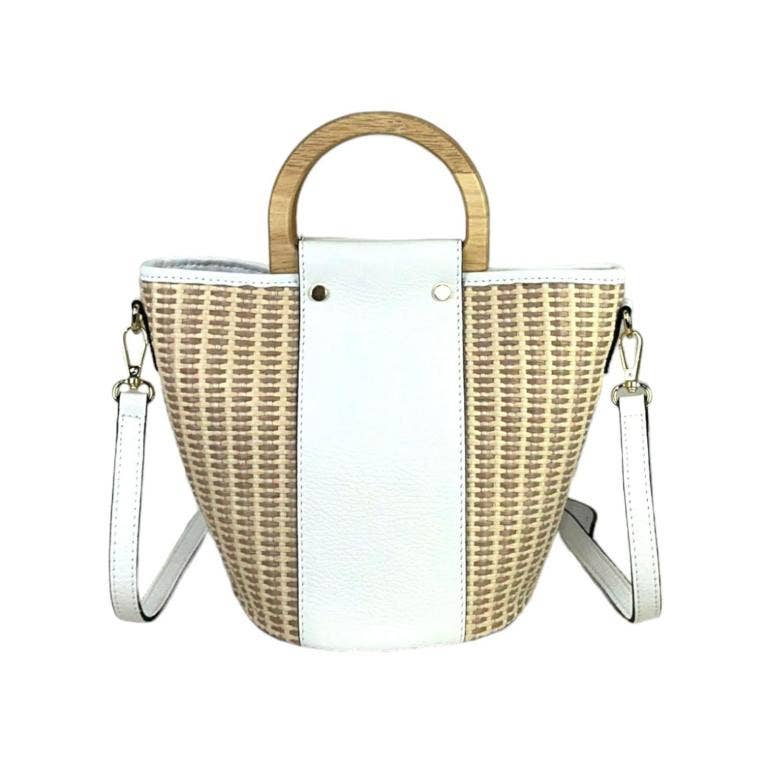Italian Raffia and Leather Bucket Bag with 2 Wooden Handles