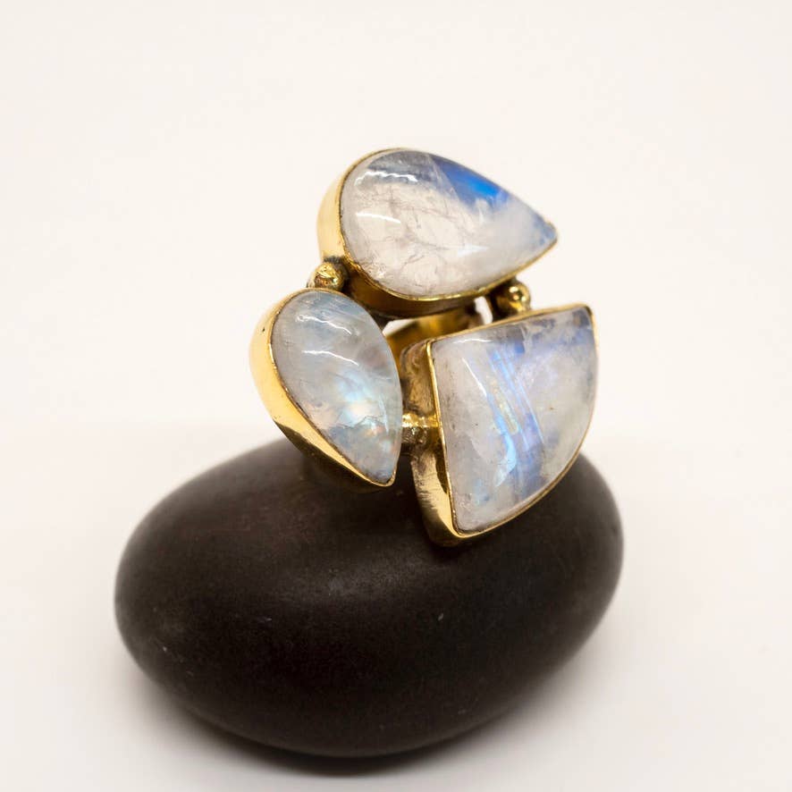 Natural Stone Cluster Brass Ring with Moonstones