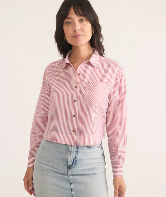 Mila Stripe Straight Hem Crop Button-Up Shirt | Rose Stripe