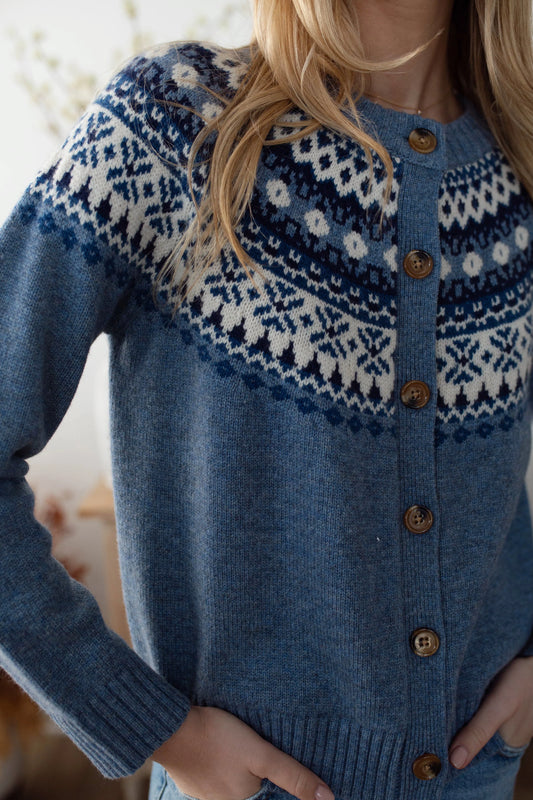 Marea Louise Fair Isle Cardigan | Heather Blue