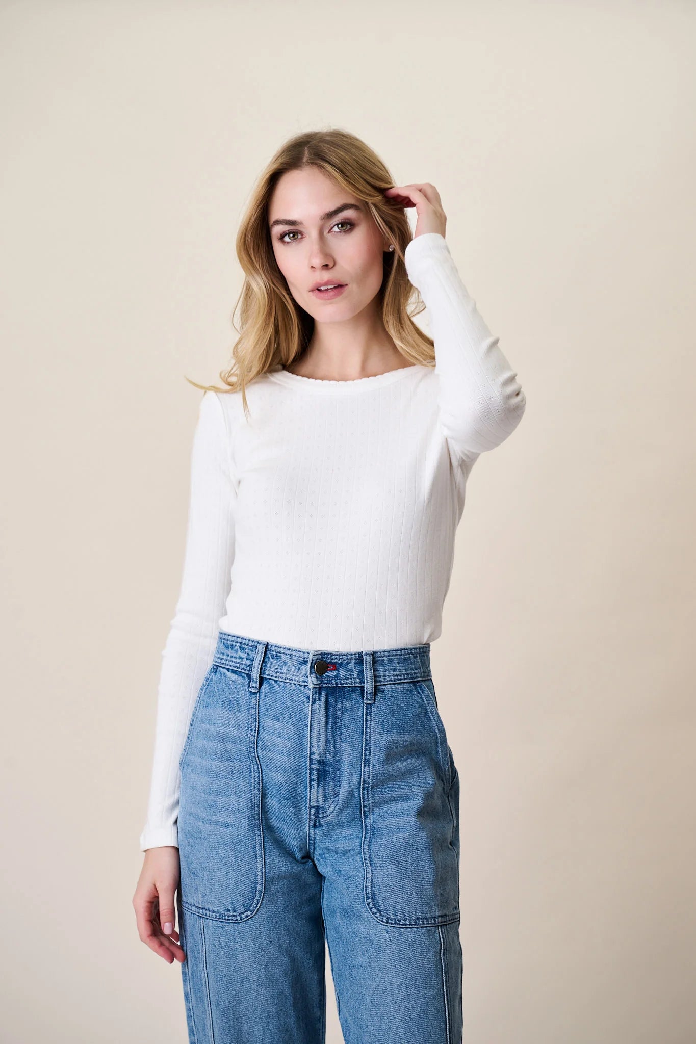 Marea Pointelle Long Sleeve Crewneck | White
