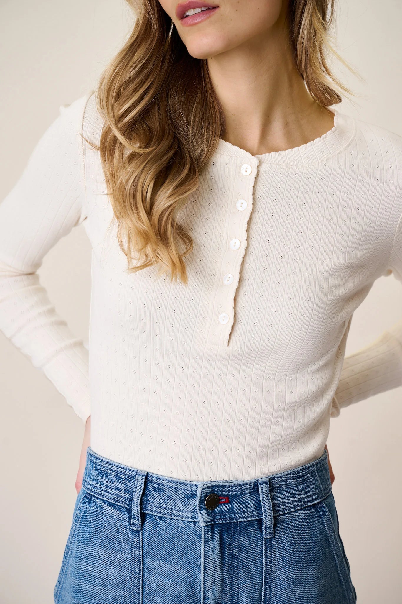 Marea Long Sleeve Pointelle Henley | Ivory