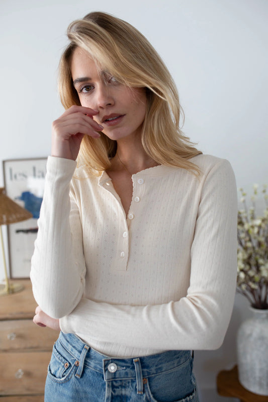 Marea Long Sleeve Pointelle Henley | Ivory