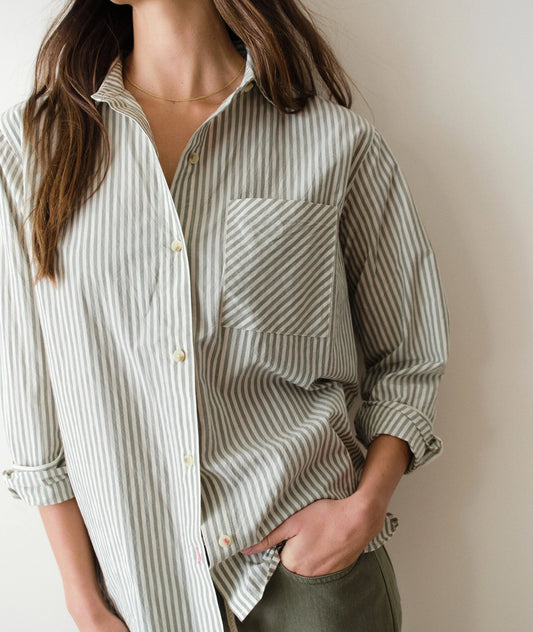 Jane Relaxed Shirt in Cali Poplin | Olive Pinstripe