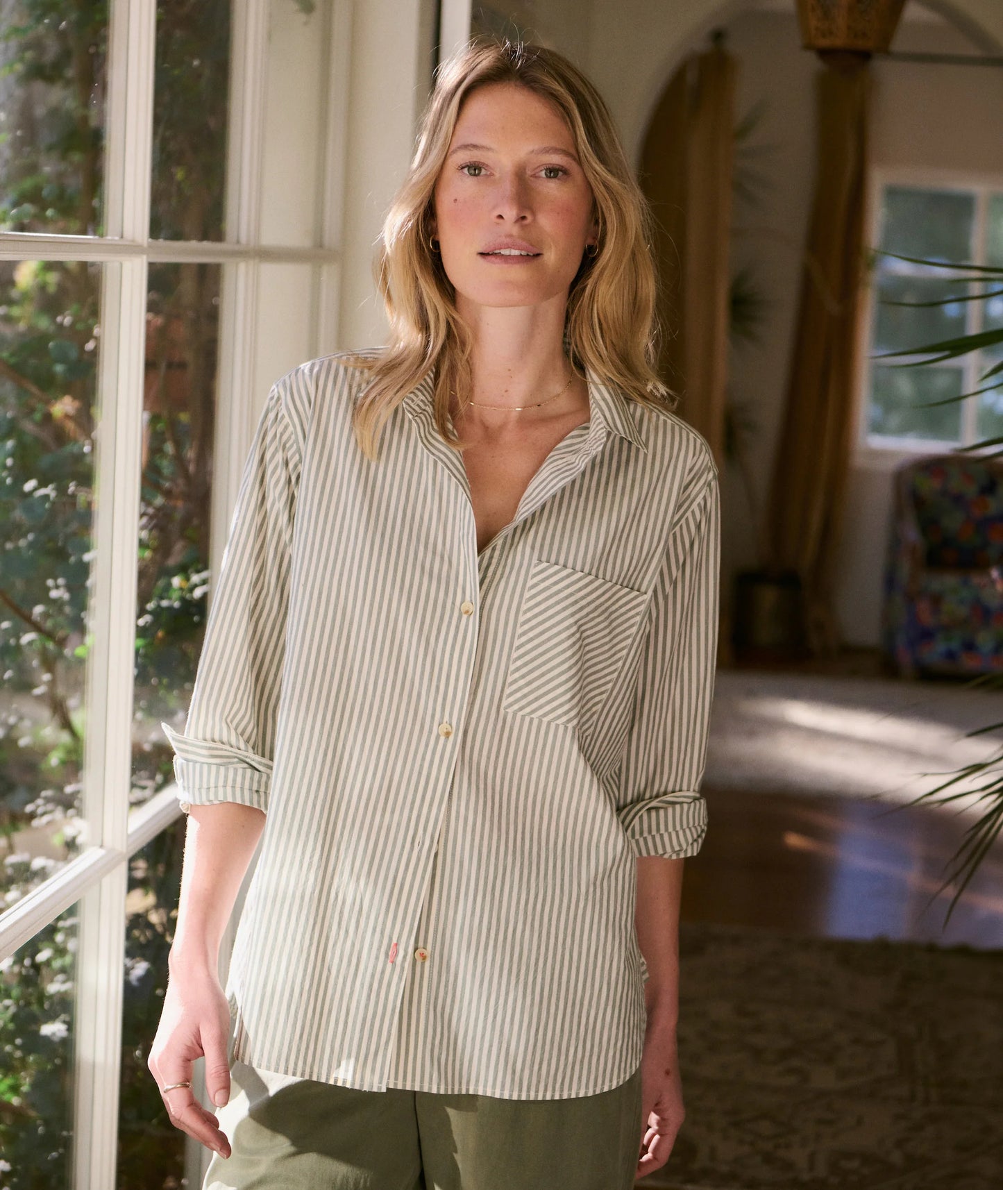Jane Relaxed Shirt in Cali Poplin | Olive Pinstripe