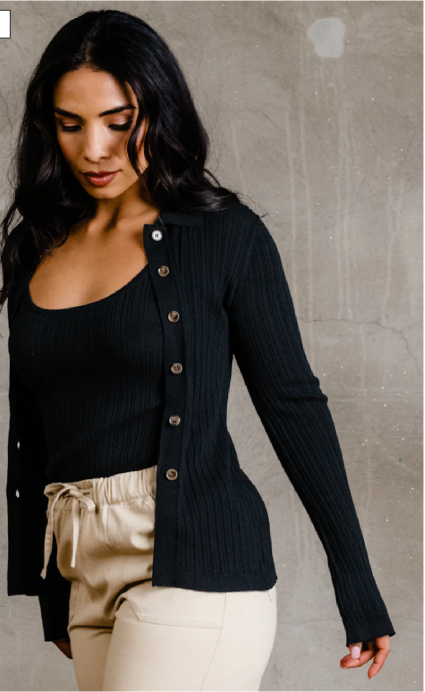 Serena Rib-Knit Cardigan | Black