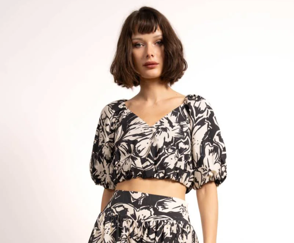 Cade Woodblock Floral Cropped Top