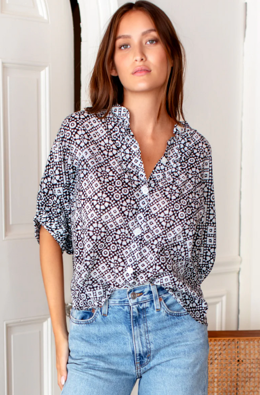 Mandarin Collar Top | Daisy Check Black Organic