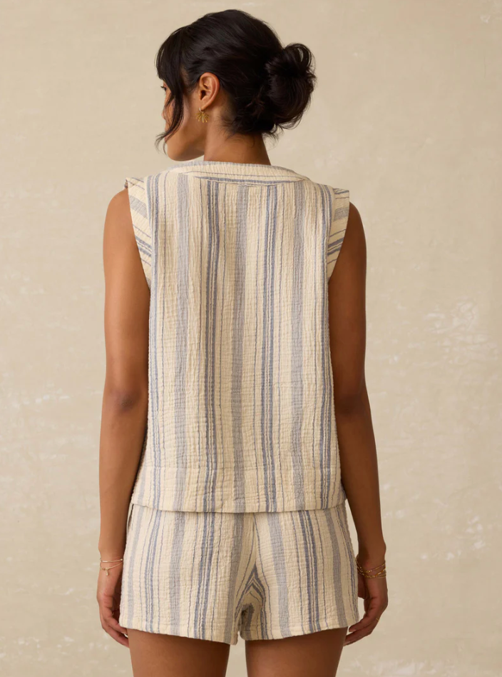 Dune Cotton Gauze Sleeveless Popover | Aqua Sea Stripe