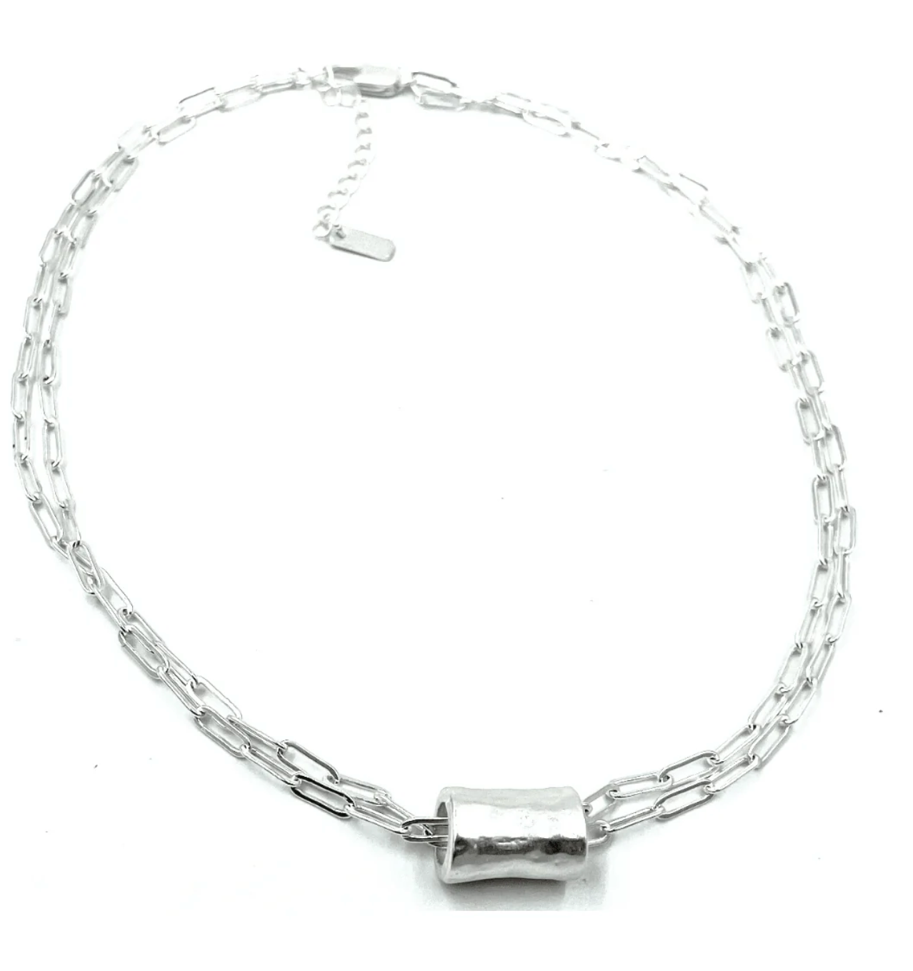 Silver Barrel on Double Silver Paperclip Necklace
