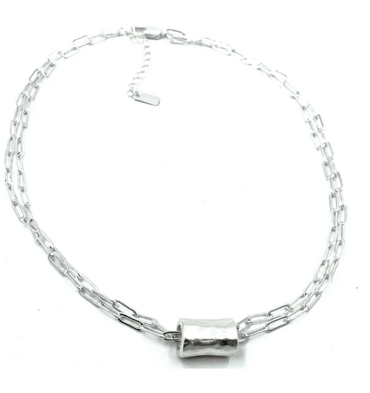 Silver Barrel on Double Silver Paperclip Necklace