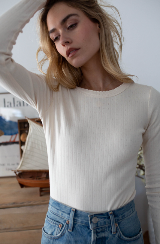 Marea Pointelle Long Sleeve Crewneck | Ivory