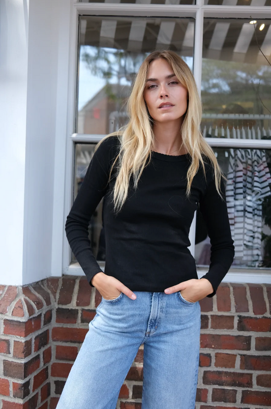 Marea Pointelle Long Sleeve Crewneck | Black