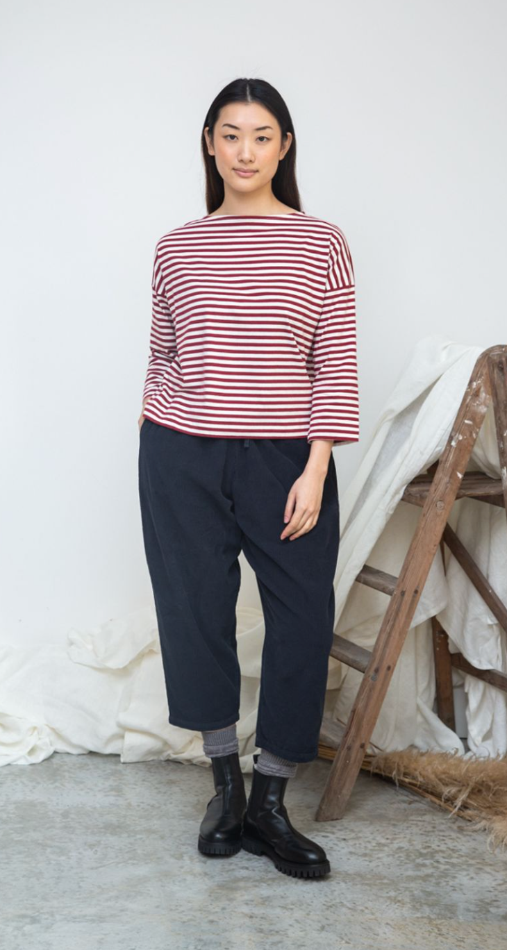 Beaumont Organic Leia-Sue Organic Cotton Stripe Jersey Top |Burgundy & Off White Stripe