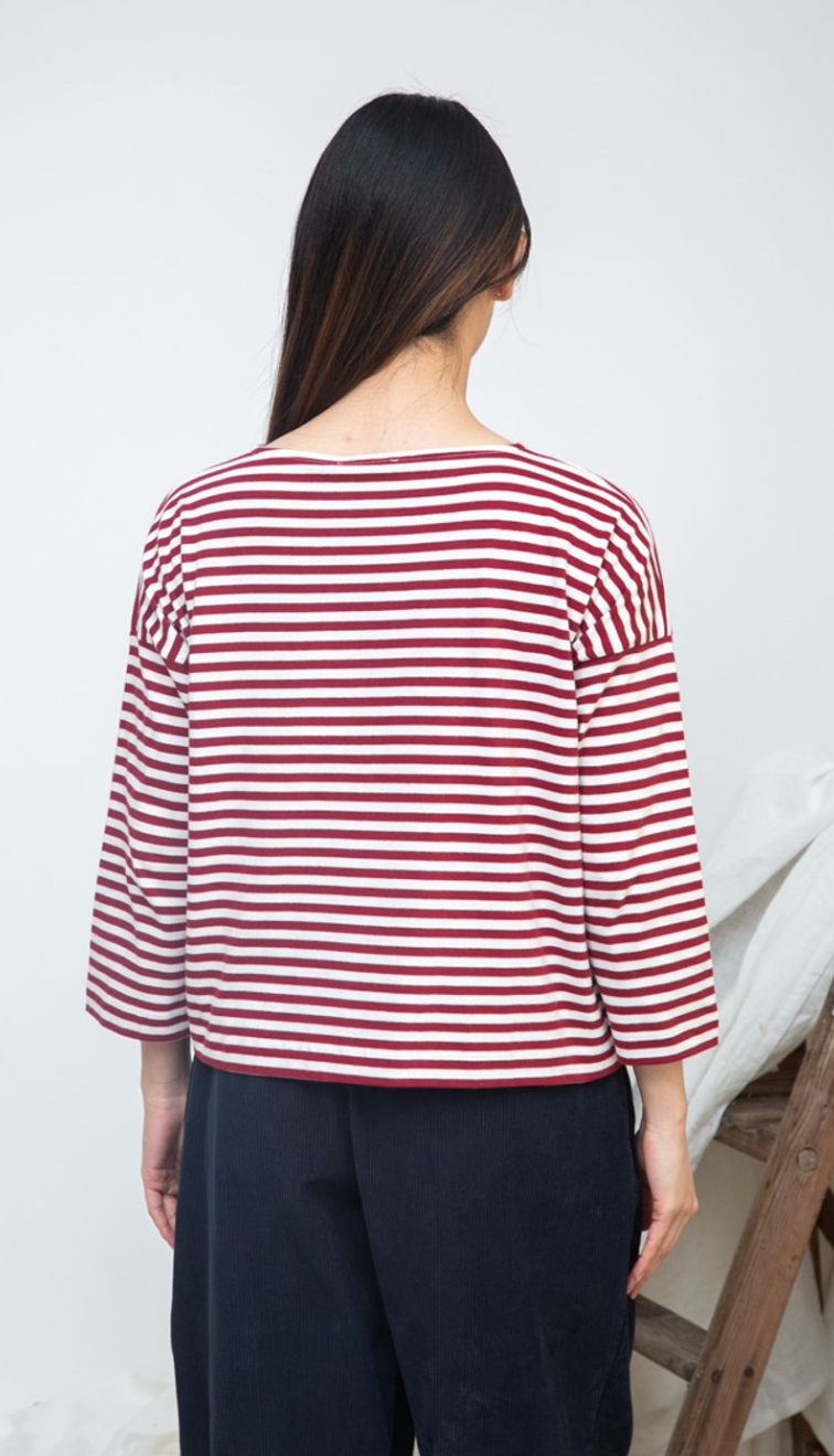 Beaumont Organic Leia-Sue Organic Cotton Stripe Jersey Top |Burgundy & Off White Stripe
