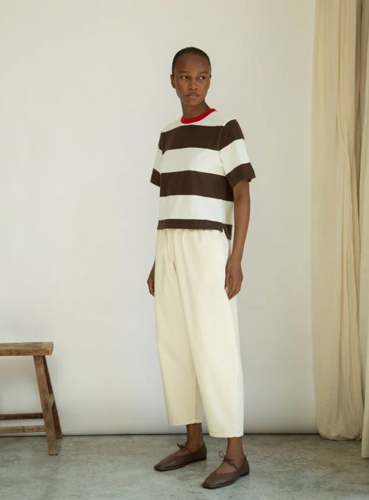 Bay-Sue Organic Cotton Jersey Stripe Top | Cacao and White Wide Stripe