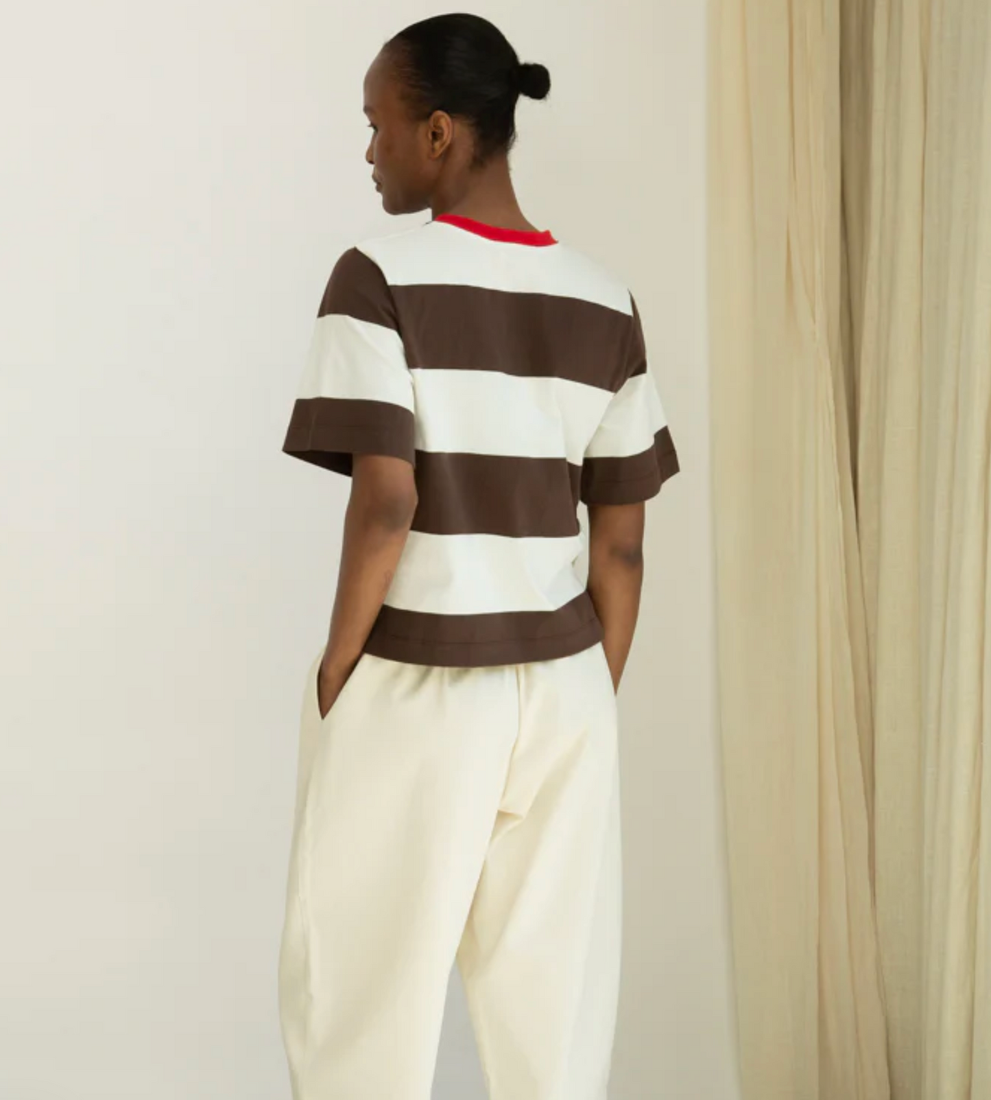 Bay-Sue Organic Cotton Jersey Stripe Top | Cacao and White Wide Stripe